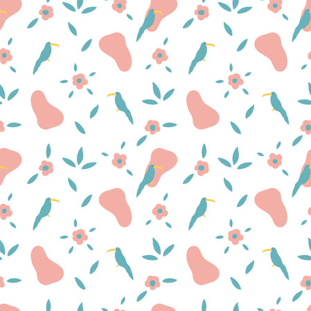 Seamless pattern with birds, flowers, leaves, abstract spots. Delicate cute print for children's clothing, bedding, decoration, notebooks, notebooks, postcards, wallpaper.のイラスト素材