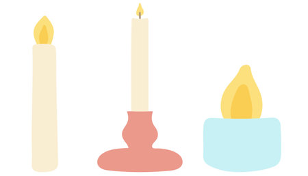 A set of burning candles with a candlestick. Hand drawn vector illustration. Isolated elements on a white background.のイラスト素材
