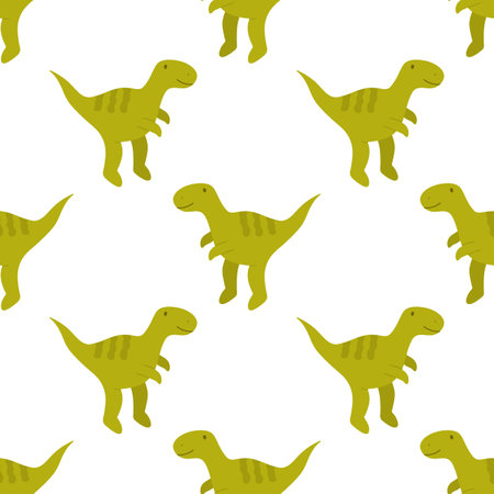 Seamless pattern with green tyrannosaurus, happy dinosaur with a smile. Illustration for children. Drawn by hands.のイラスト素材