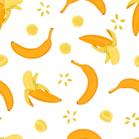 Seamless pattern with bananas. Vector illustration with isolated objects on a white background. Drawn by hands. Yellow tropical fruit.のイラスト素材