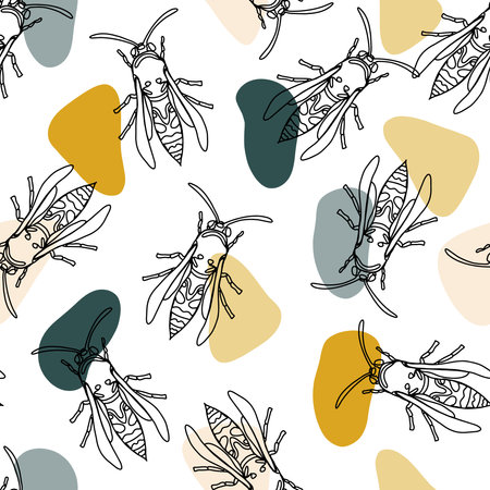 Seamless pattern with wasps, insects and abstract shapes, spots. Hand drawn vector illustration.のイラスト素材