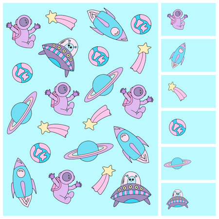 Puzzle for kids for the brain. Counting space elements and objects. Vector illustration. Cosmonautics Day. Astronaut, rocket, UFO, alien, space dish, planets, stars.のイラスト素材
