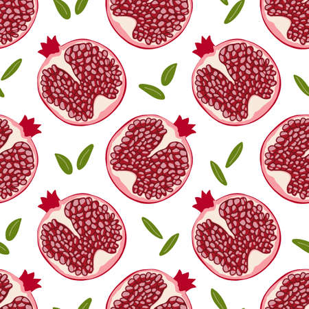 Seamless pattern with half pomegranate. Vector fruit. Healthy natural food. Organic, eco. Drawn by hands. Printing on fabric, wallpaper, textiles.のイラスト素材