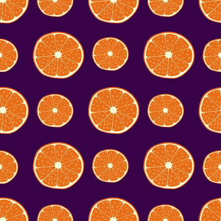 Seamless pattern with orange slice. Citrus fruit. Vector illustration. Purple background. Healthy natural food. Hand drawn.のイラスト素材