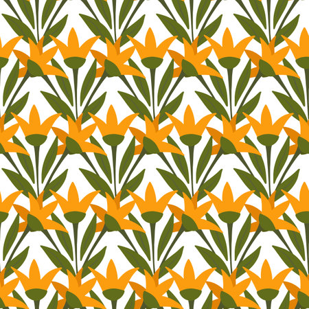 Seamless pattern with flowers, plants. Lilies are orange, yellow, and green leaves. Hand drawn vector illustration. Repeating natural botanical ornament.のイラスト素材