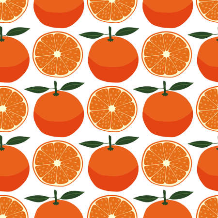 Seamless pattern with orange and slice. Citrus fruit. Vector illustration. Healthy natural food. Hand drawn. Organic and eco.のイラスト素材