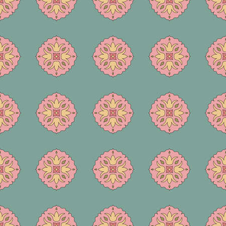 Seamless pattern from round ceramic tiles. Geometric pattern with lotus flowers and leaves....