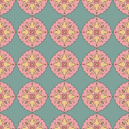 Seamless pattern from round ceramic tiles. Vector. Geometric pattern with lotus flowers and leaves....