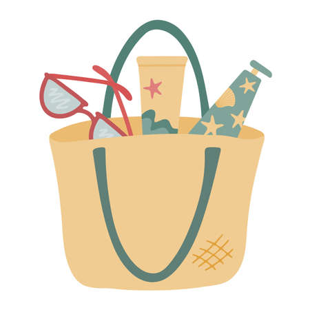 Beach bag. Straw basket with sunglasses and sunscreen. Concept. Vector illustration. Isolated hand drawn objects, elementsのイラスト素材