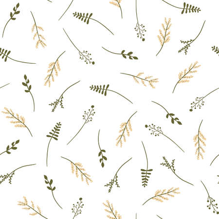 Seamless pattern with flowers and green branches, leaves on a white background. Hand drawn vector illustration. Yellow mimosa. It can be used for fabric printing, notebook design, florist decorationのイラスト素材