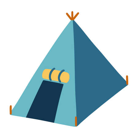 Blue tourist tent for camping holiday in isometric view. Isolated object on a white background. Hand drawn vector illustrationのイラスト素材