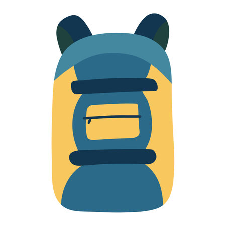 Travel backpack for trekking. School backpack for a child. Bag for travel, camping. Isolated element on a white background. Hand drawn vector illustration. Blue and yellow colorsのイラスト素材