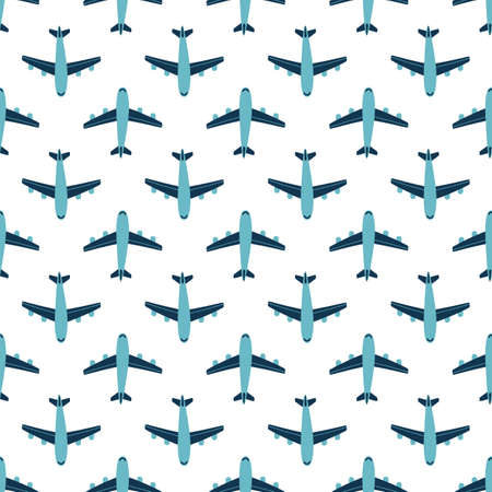 Seamless pattern with blue airplanes. Vector illustration with hand drawn air transport. Flying plane on a white background. It can be used to decorate children clothing, bedding, wrapping paperのイラスト素材