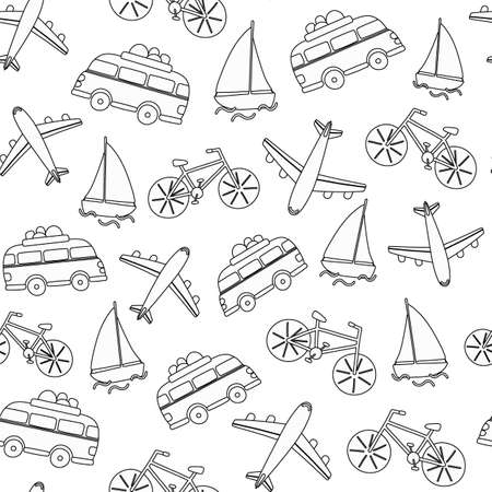 Seamless pattern linear transport. Airplane motorhome bike ship. Vector hand drawn background. It can be used for decoration of printing on fabric, decoration of clothes, bed linen, wrapping paperのイラスト素材