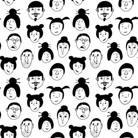 Seamless pattern with people faces. Heads of men and women with emotions. Linear elements. Hand drawn vector illustration. Isolated black objects on a white background.のイラスト素材