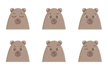A set of cute heads, faces of bears with different emotions. Vector illustration for a nursery with animals. Isolated elements on a white background. Stickers and posters and cards for kids.のイラスト素材