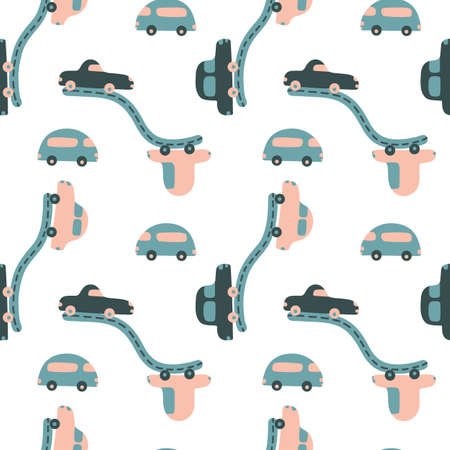 Seamless pattern with cars driving along the road. Hand drawn vector illustration on a white background. Suitable for nursery, for children, for printing on fabric, wallpaper, bed linen.のイラスト素材