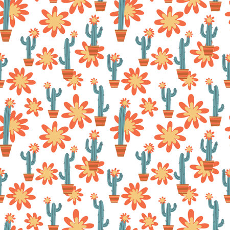 Seamless pattern with cacti and flowers. Hand drawn vector illustration. Image of cactus on a white background. Suitable for printing on fabric, clothing, bedding, wrapping paper.のイラスト素材