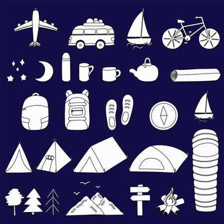 Set of line travel items for the hike. Vector elements isolated. Transport plane motorhome boat bike and tents and dishes and sleeping bag and mountains. Line art Illustrations.のイラスト素材
