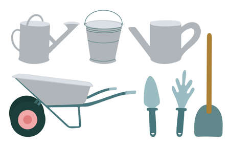 A set of garden tools. A bucket and a watering can and a wheelbarrow and a shovel and a rake. Isolated vector elements on white background. Hand drawn illustrationsのイラスト素材