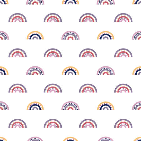 Seamless pattern with rainbows and circles. Cute multicolored vector illustration in ethnic style for kids. The print is suitable for printing on fabric, clothing, wrapping paper, beddingのイラスト素材
