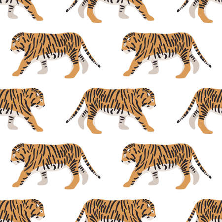Seamless pattern with tigers. Symbol of new year and christmas 2022. Vector hand drawn illustration. Image on a white background. Suitable for printing on fabric, wallpaper, wrapping paperのイラスト素材