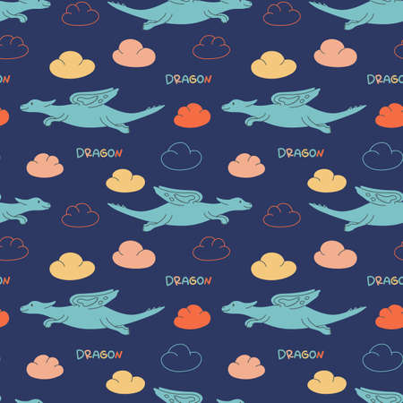 Seamless pattern with dragons, dinosaurs and clouds and lettering for children. Hand drawn vector illustration for a nursery. Print on a blue backgroundのイラスト素材
