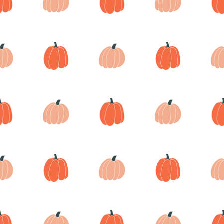 Seamless pattern with pumpkins on a white background for Halloween. Hand drawn vector illustration. Ornament for printing on fabric, wallpaper, wrapping paper, clothingのイラスト素材
