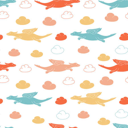 Seamless pattern with colored dragons, dinosaurs and clouds for children. Hand drawn vector illustration for a nursery. Print on a white backgroundのイラスト素材