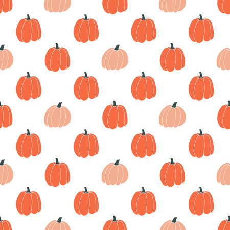 Seamless pattern with pumpkins on a white background for Halloween. Hand drawn vector illustration. Ornament for printing on fabric, wallpaper, wrapping paper, clothingのイラスト素材