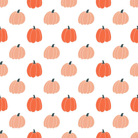Seamless pattern with pumpkins on a white background for Halloween. Hand drawn vector illustration. Ornament for printing on fabric, wallpaper, wrapping paper, clothingのイラスト素材