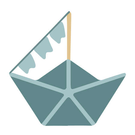 Origami paper boat with flags. Hand drawn vector illustration. Isolated element on a white backgroundのイラスト素材