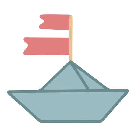Origami paper boat with flags. Hand drawn vector illustration. Isolated element on a white backgroundのイラスト素材