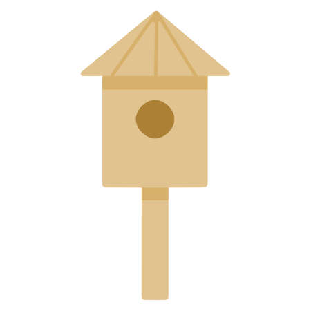 Wooden birdhouse on a stick, a house for birds from boards. Hand drawn vector illustration. Isolated element on a white backgroundのイラスト素材