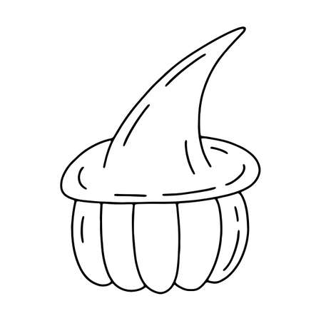 Line art pumpkin in pointed hat. Doodle autumn vegetable for Halloween. Isolated element on a transparent backgroundのイラスト素材