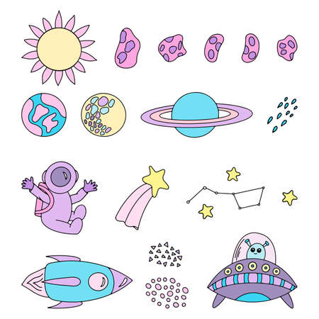 Set of space doodle elements. Vector hand drawn illustration for children. Cosmonautics Dayのイラスト素材