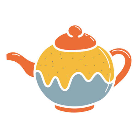 Ceramic teapot, faience, handmade clay dishes. Hand drawn vector illustration. Isolated element on a white backgroundのイラスト素材