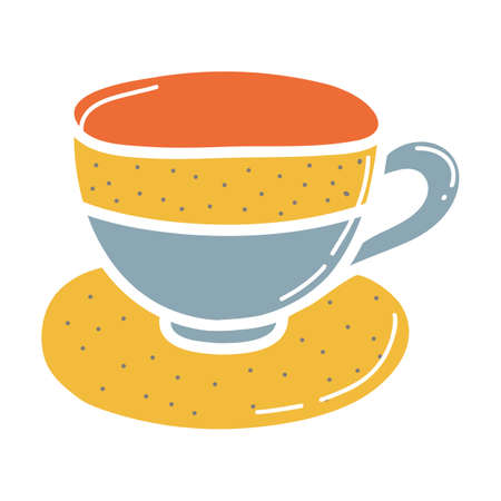 Ceramic cup and saucer, faience mug, clay dishes. Hand drawn vector illustration. Isolated element on a white backgroundのイラスト素材