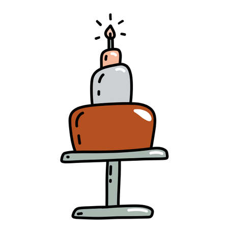Festive birthday cake with a candle. Hand drawn vector illustration in doodle style. Isolated element on a transparent backgroundのイラスト素材