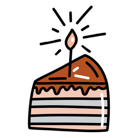 A piece of birthday cake, pie with a candle. Hand drawn vector illustration in doodle style. Isolated element on a transparent backgroundのイラスト素材