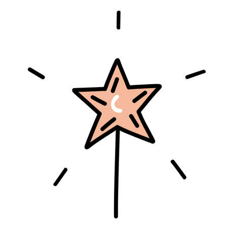 Festive magic wand star. Hand drawn vector illustration in doodle style. Isolated element on a transparent background.のイラスト素材