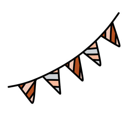 Festive triangular garland flags. Hand drawn vector illustration in doodle style. Isolated element on a transparent backgroundのイラスト素材