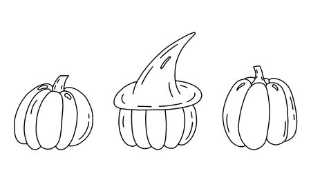 Set line art pumpkin. Doodle autumn vegetable for Halloween. Isolated element on a transparent backgroundのイラスト素材