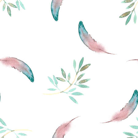Cute bright watercolor floral pattern with feathers hand drawnの写真素材