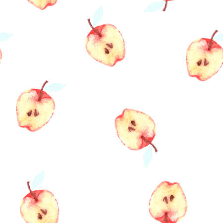 Cute bright watercolor plant pattern with apple slices hand drawnの写真素材