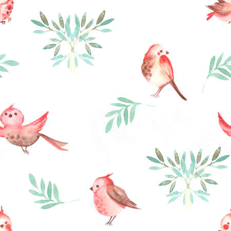 Cute bright watercolor pattern with birds and plants hand drawnの写真素材