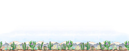 Watercolor hand drawn painting. Desert landscape, mountains, bushes and cactusの写真素材