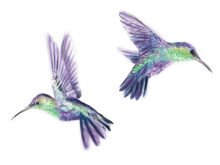 Set of hand drawn hummingbirds hovering in the airの写真素材
