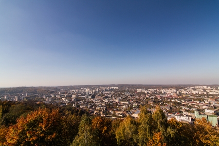 View on Lviv city, aerial panorama in orange colorsの写真素材