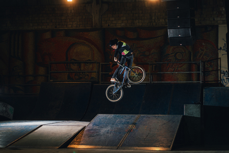 Extreme Bmx Trick in skatepark, urban indoor sportのeditorial素材